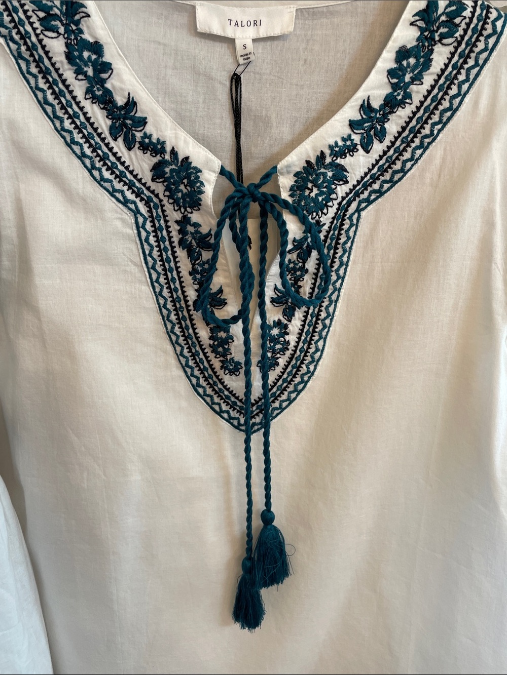 Talori-Boho Tunic Top with Blue Embroidery and Tassel Tie multiple sizes - Picture 6 of 7